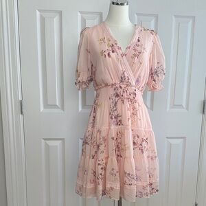 Taylor Blush Pink Floral V-Neck Ruffle Tiered Lace Trim Smock Midi Dress Size 8